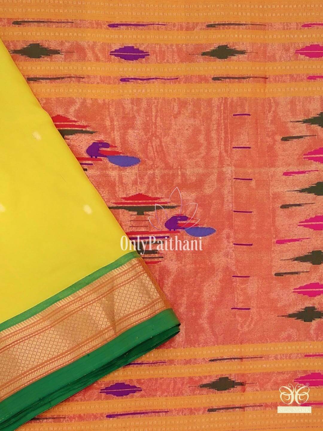 Yellow double pallu pure silk paithani with green border