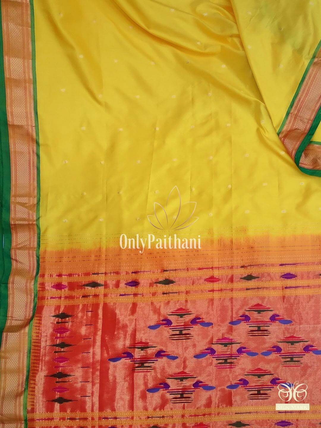 Yellow double pallu pure silk paithani with green border