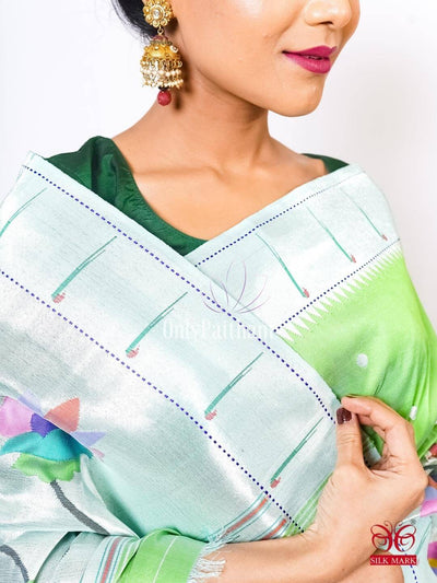 Pista green skirt border silk paithani saree