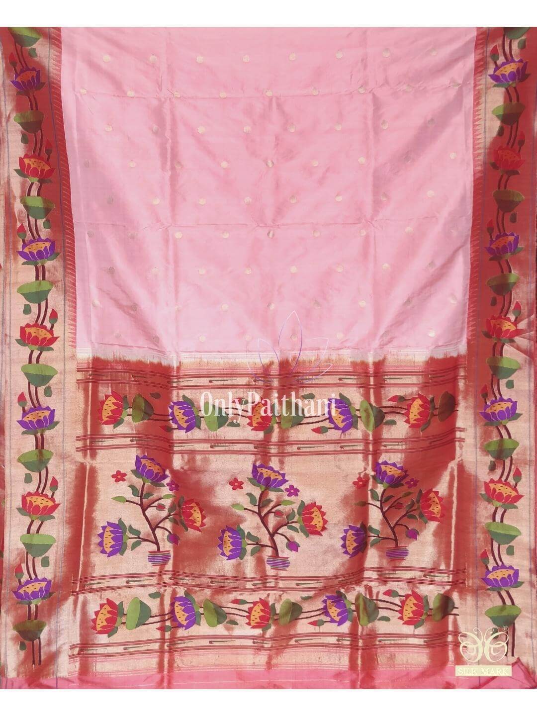 Baby pink lotus border silk paithani