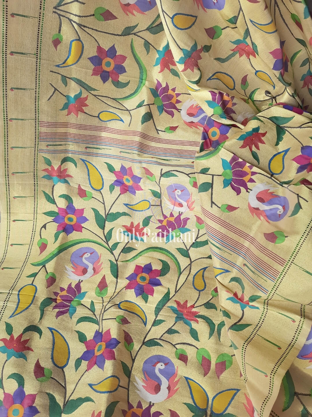 All  over tissue offwhite silk paithani with floral design