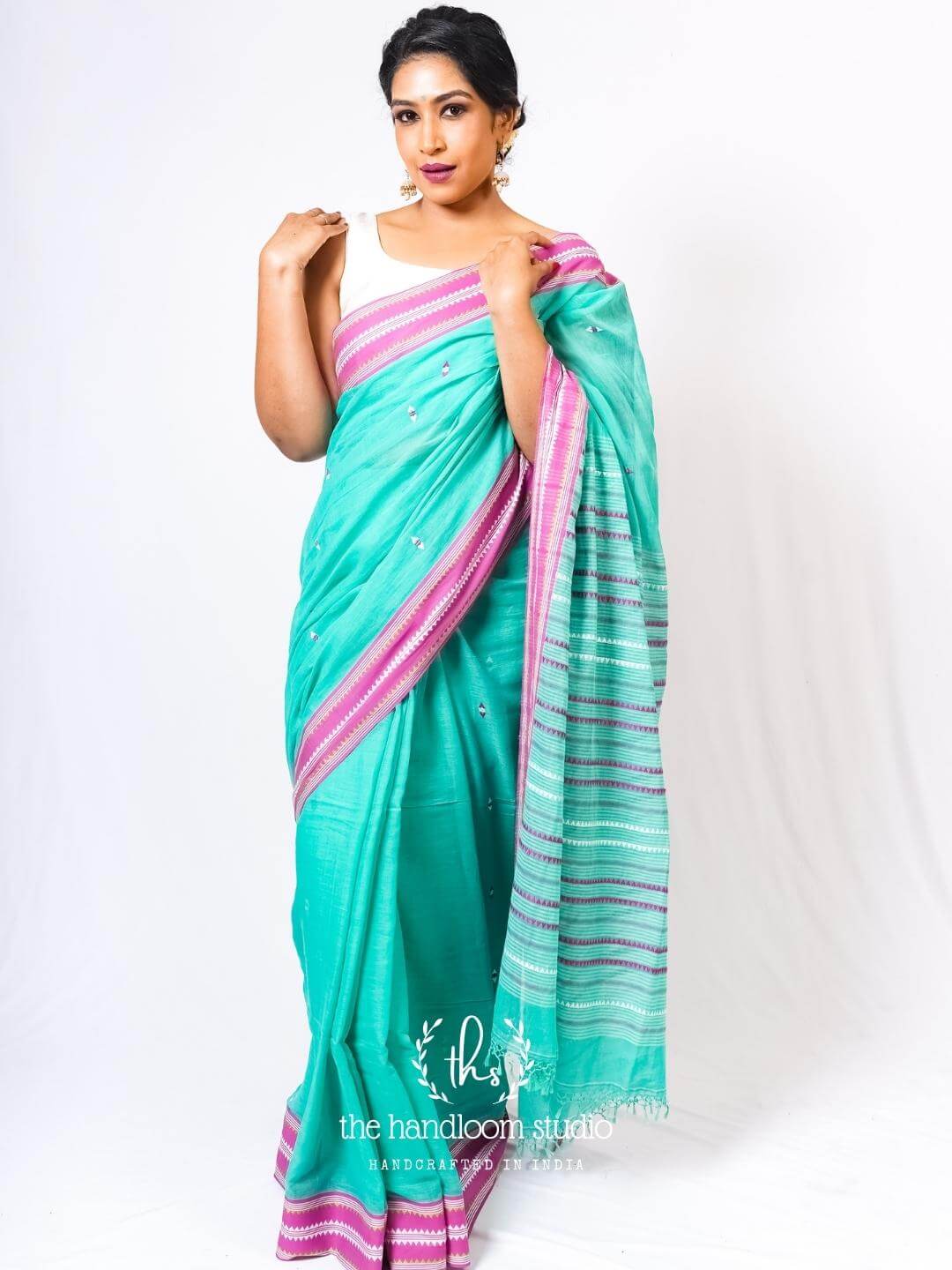 Turquoise cotton jamdani handloom saree