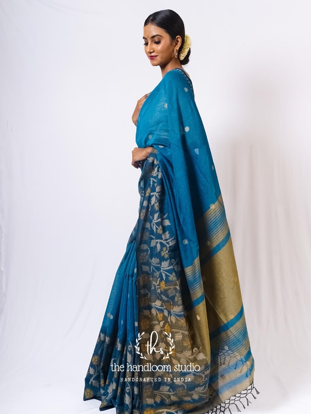 Teal blue handloom cotton jamdani saree