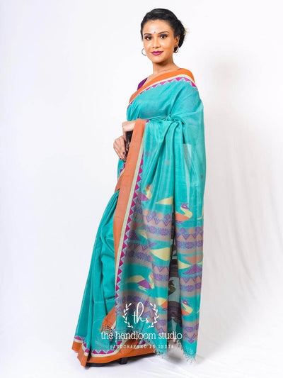 Turquoise blue cotton handloom jamdani saree