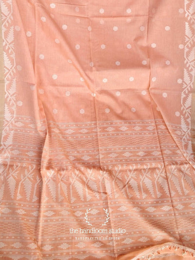 Peach jamdani cotton  saree with flower butti