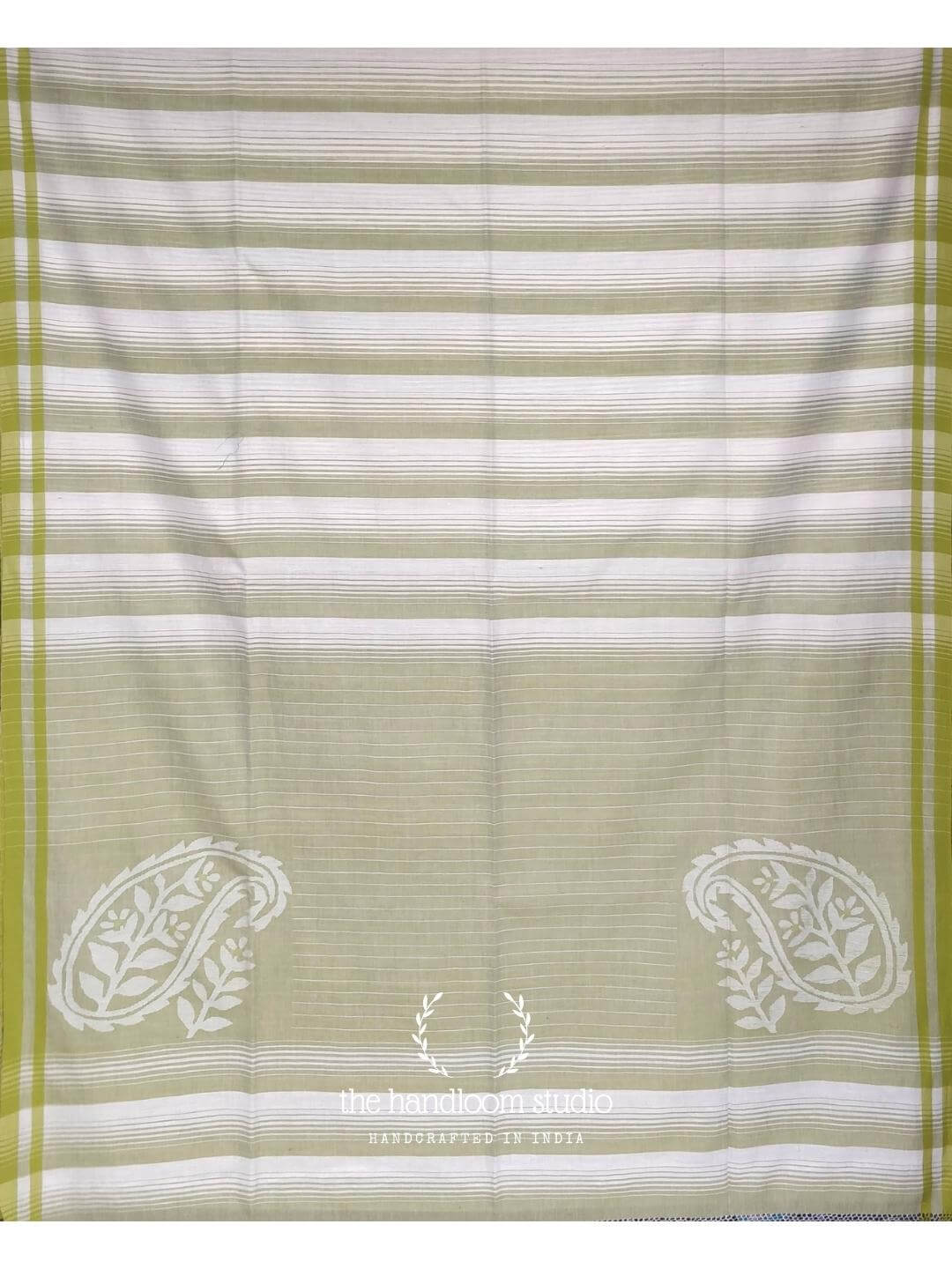 Offwhite jamdani cotton handloom saree with lime green border