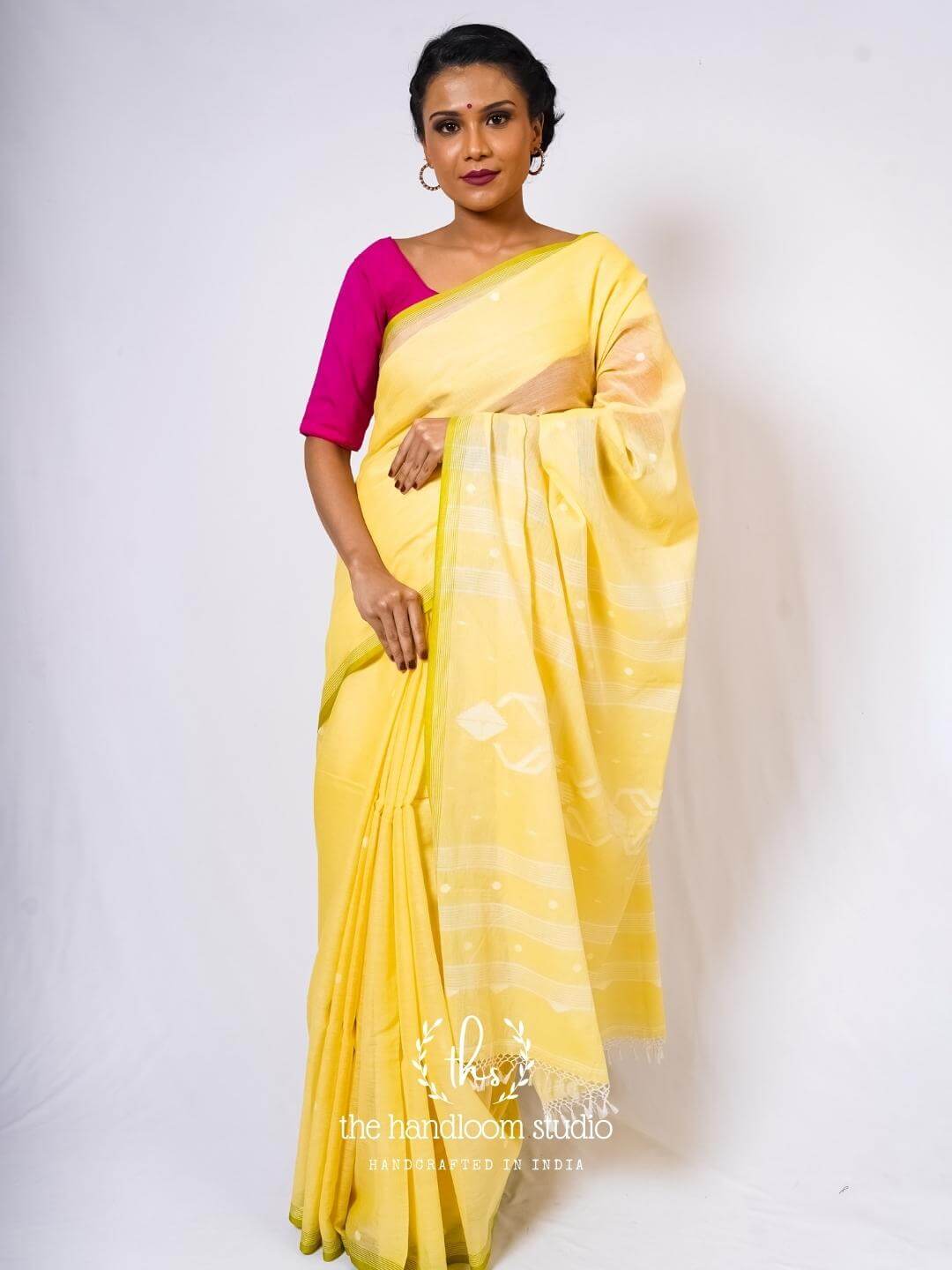 Lime yellow handloom cotton jamdani saree