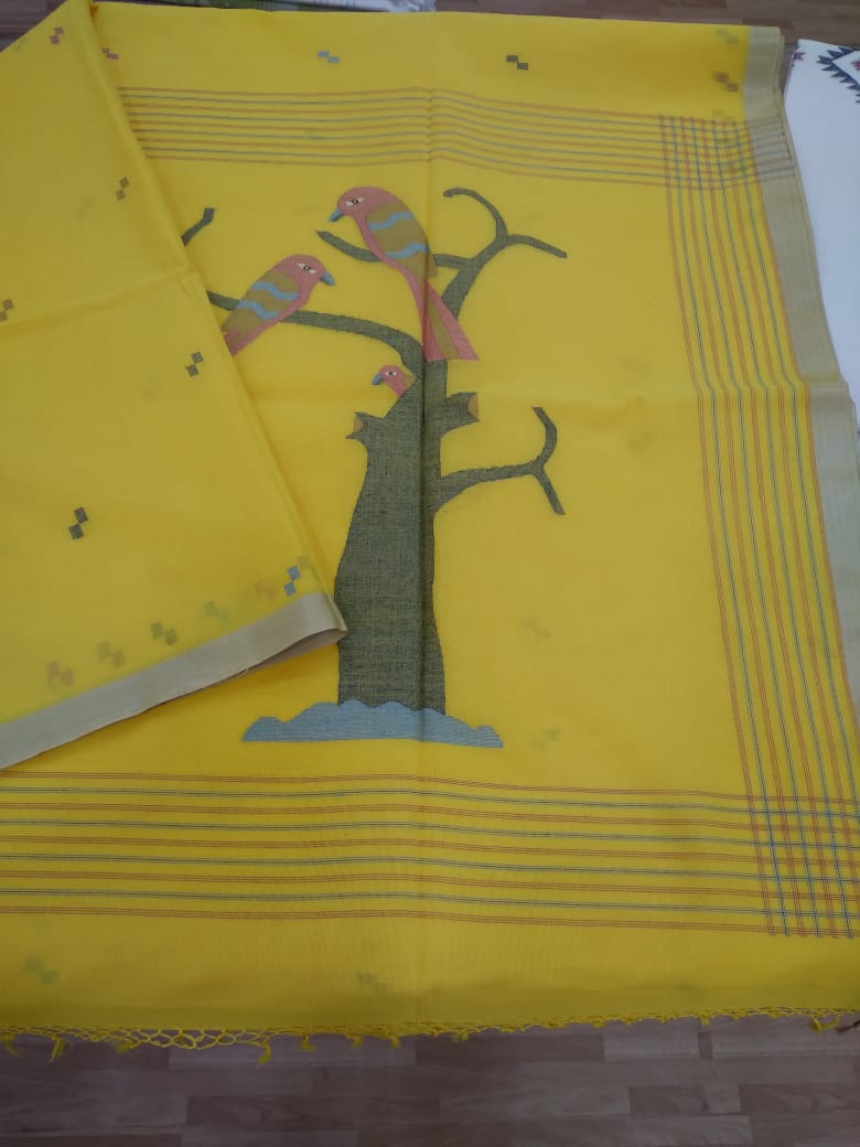 Yellow jamdani cotton saree