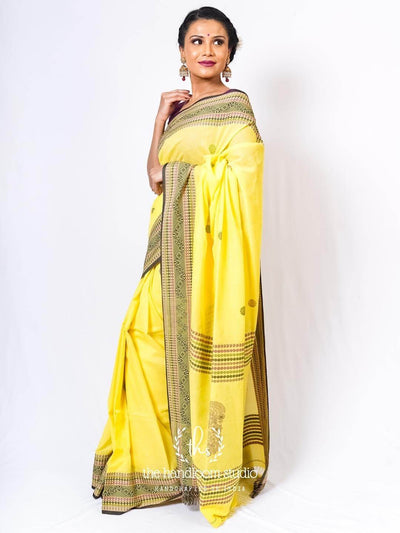 Yellow bengal cotton jamdani saree