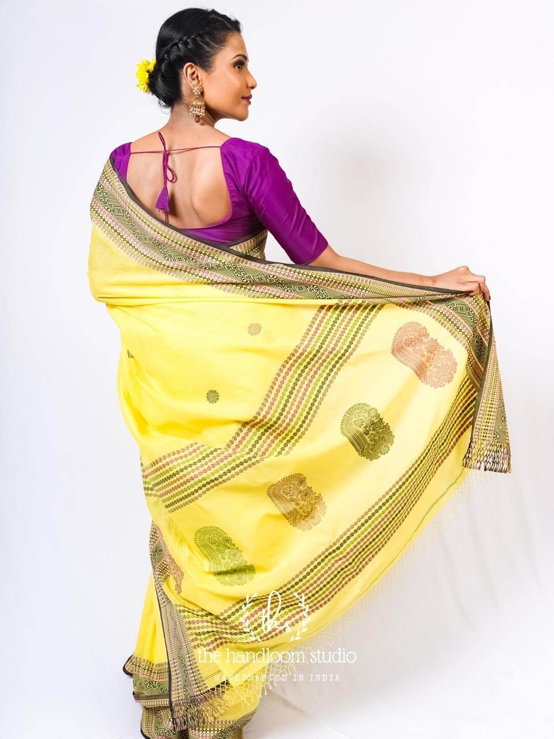 Yellow bengal cotton jamdani saree