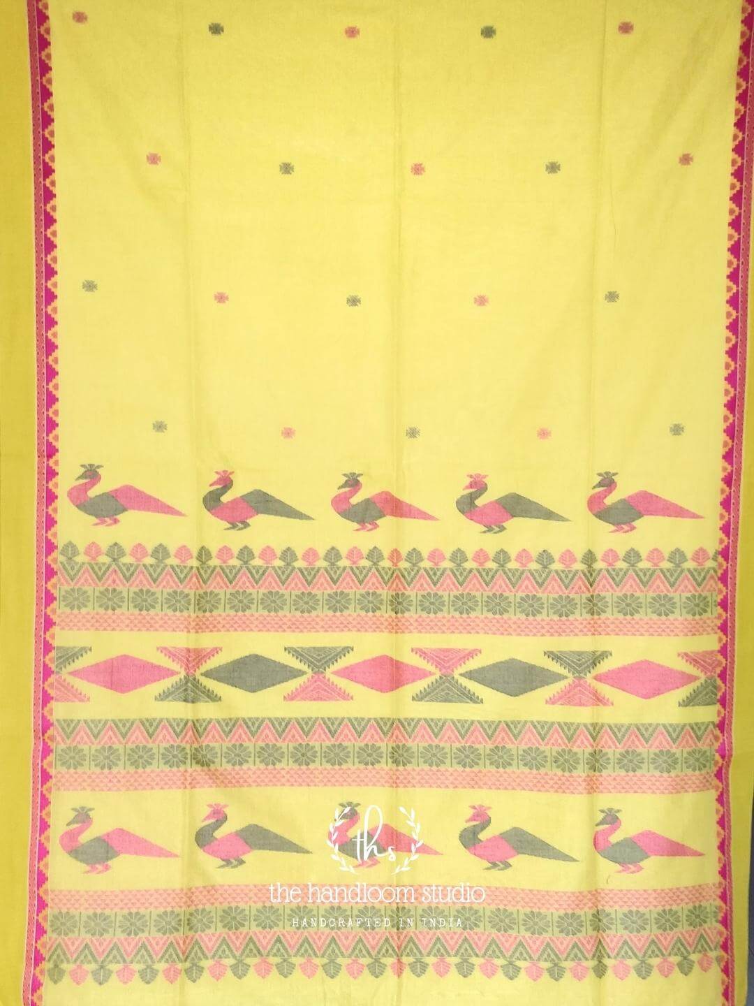 Yellow bengal cotton jamdani saree with rich pallu