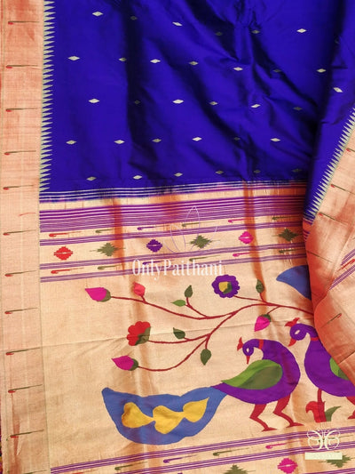 Blue muniya border silk paithani with rich pallu