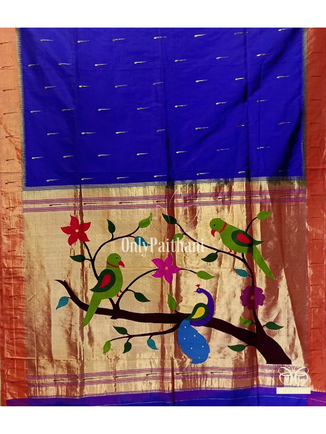 Blue muniya border silk paithani with muniya motifs