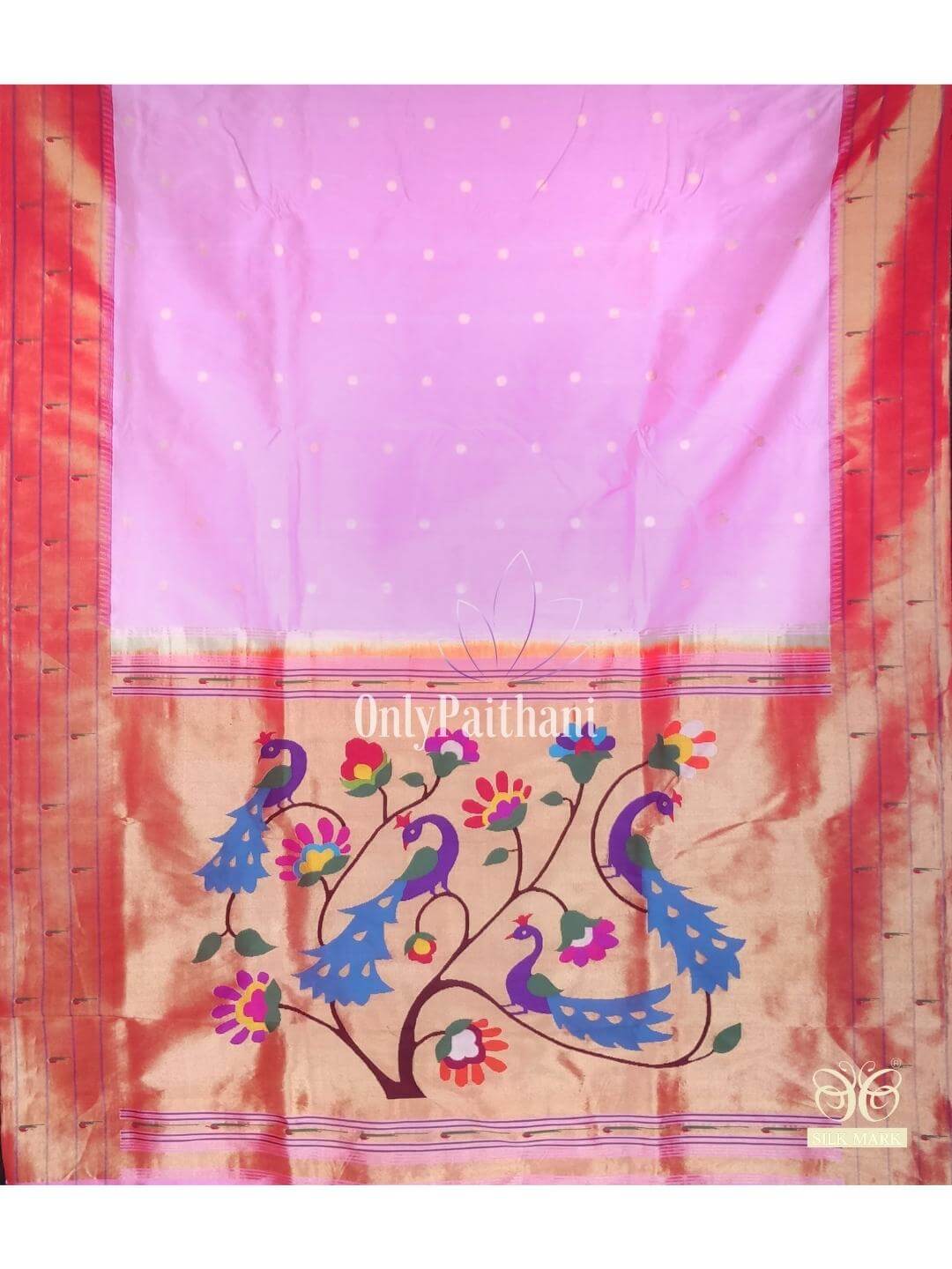 Baby pink triple muniya handloom silk paithani saree with rich pallu