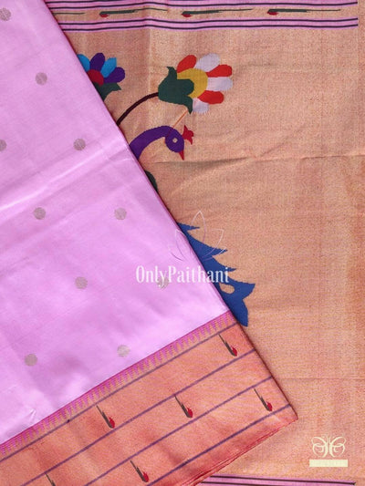 Baby pink triple muniya handloom silk paithani saree with rich pallu