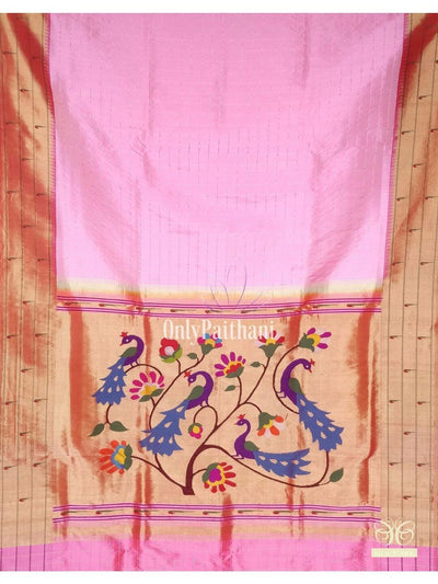 Baby pink triple muniya silk paithani with rich peacock design pallu