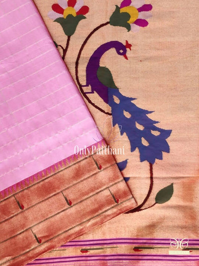 Baby pink triple muniya silk paithani with rich peacock design pallu