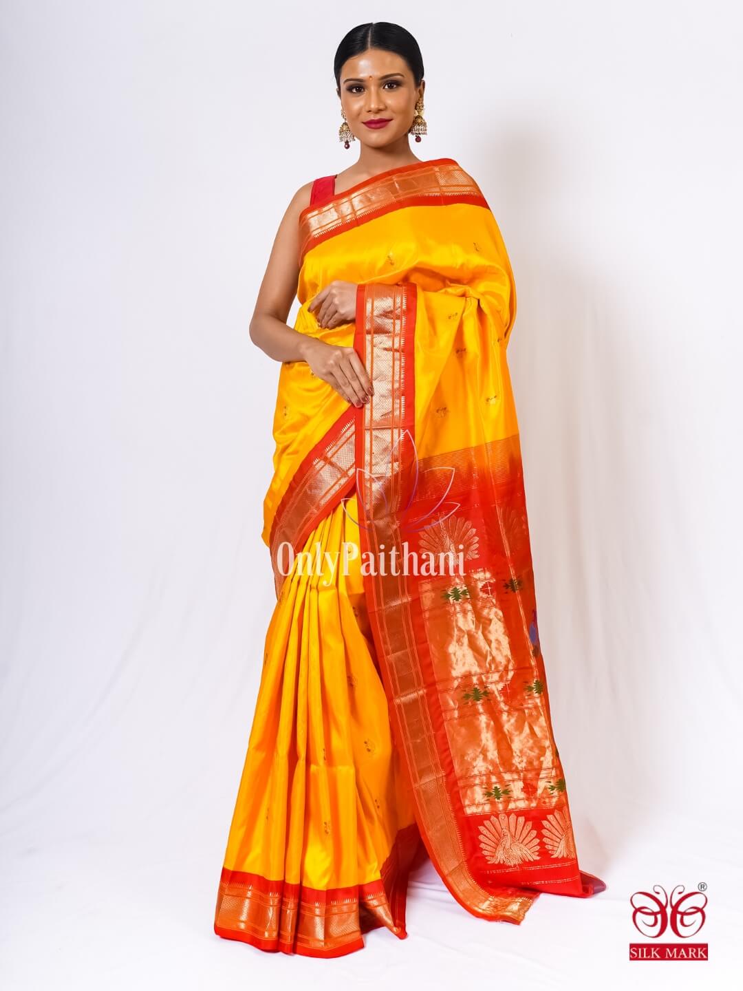 Handloom silk yellow paithani saree
