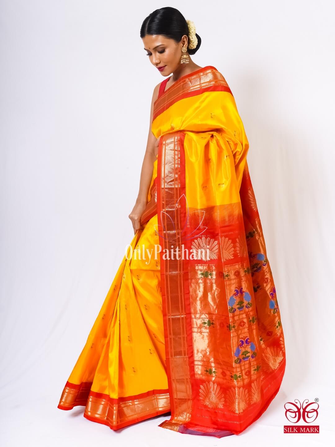 Handloom silk yellow paithani saree