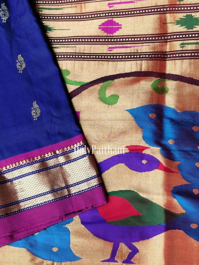 Blue rich pallu silk paithani with pink border and peacock butti