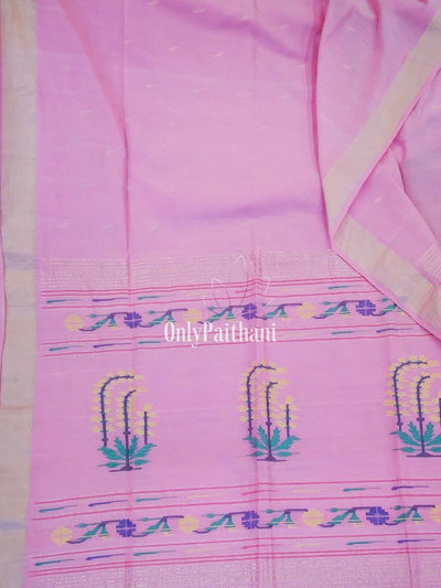 Baby pink rich pallu cotton paithani with plain tissue border