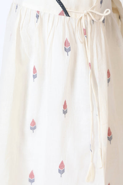 The Jamdani Side Tie Dress - Off-white with tulips