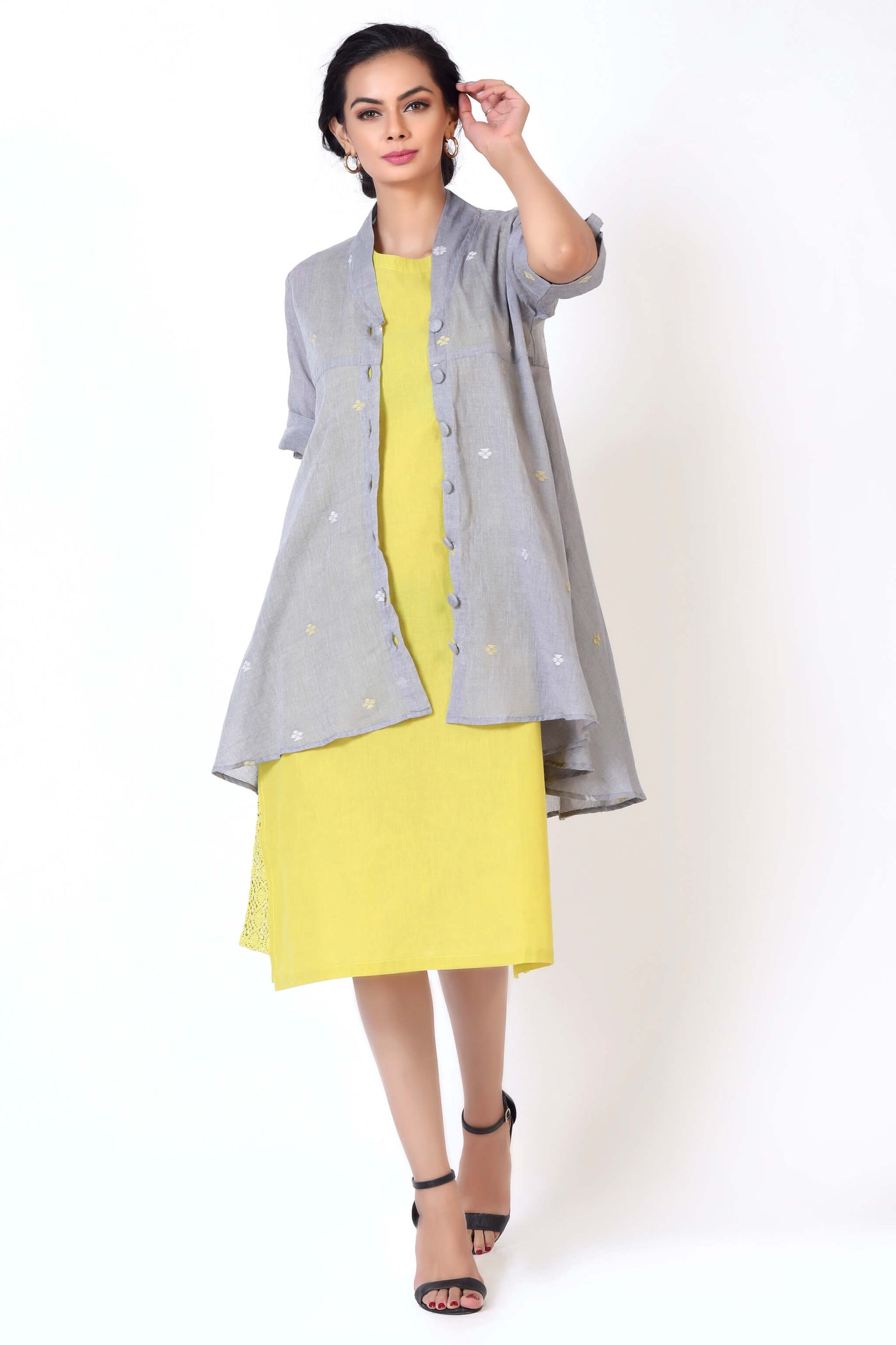 Shrug it - Yellow Jamdani Dress with Grey shrug